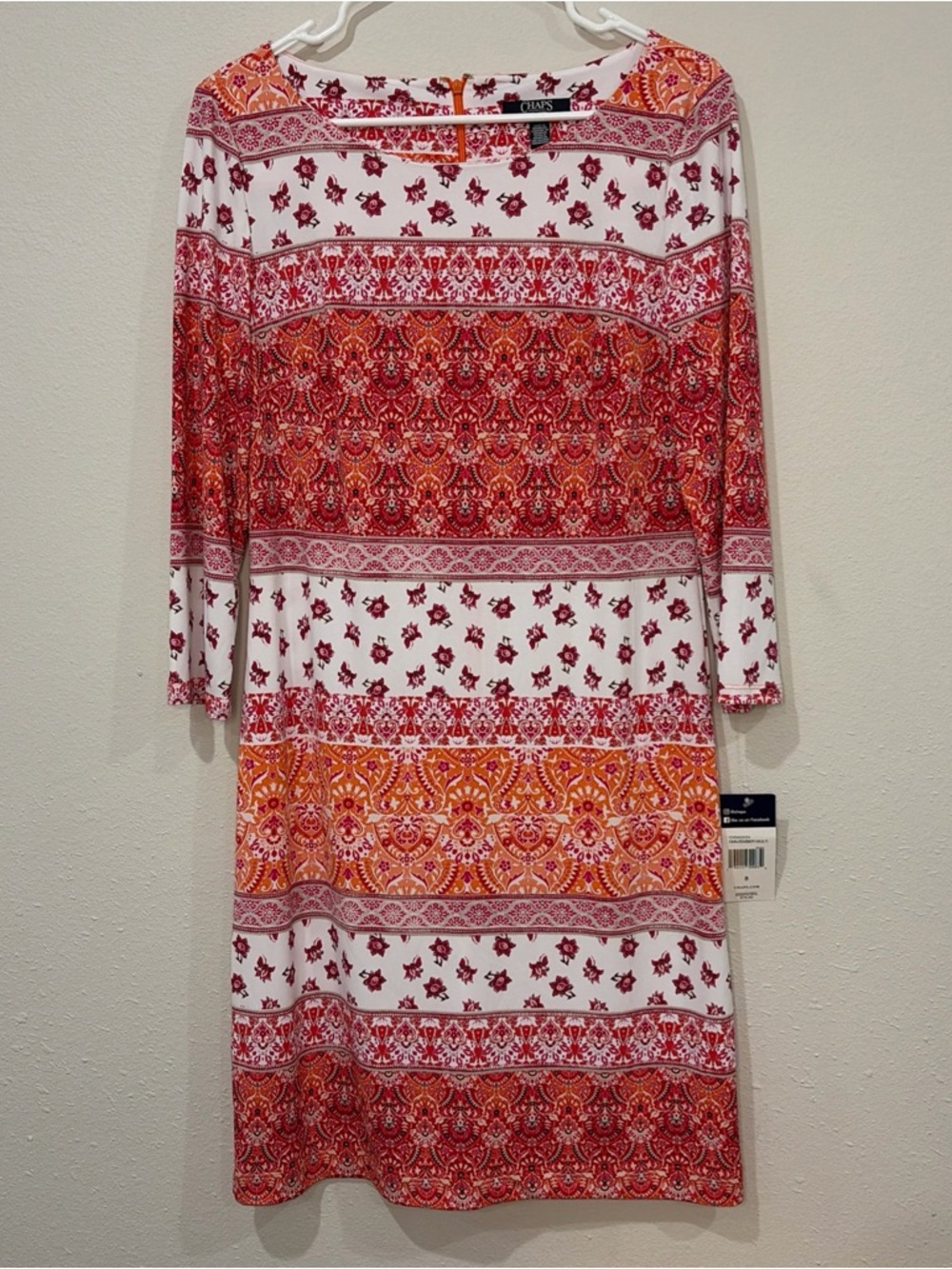 NWT Chaps Dress Floral Pattern Zipper Back Long Sleeve Lightweight Stretch Sz  8